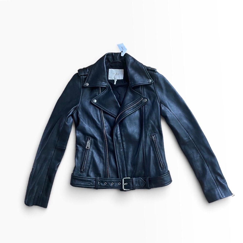 Maje Black Lamb Leather Biker Jacket  Belted Moto Coat Womens 36